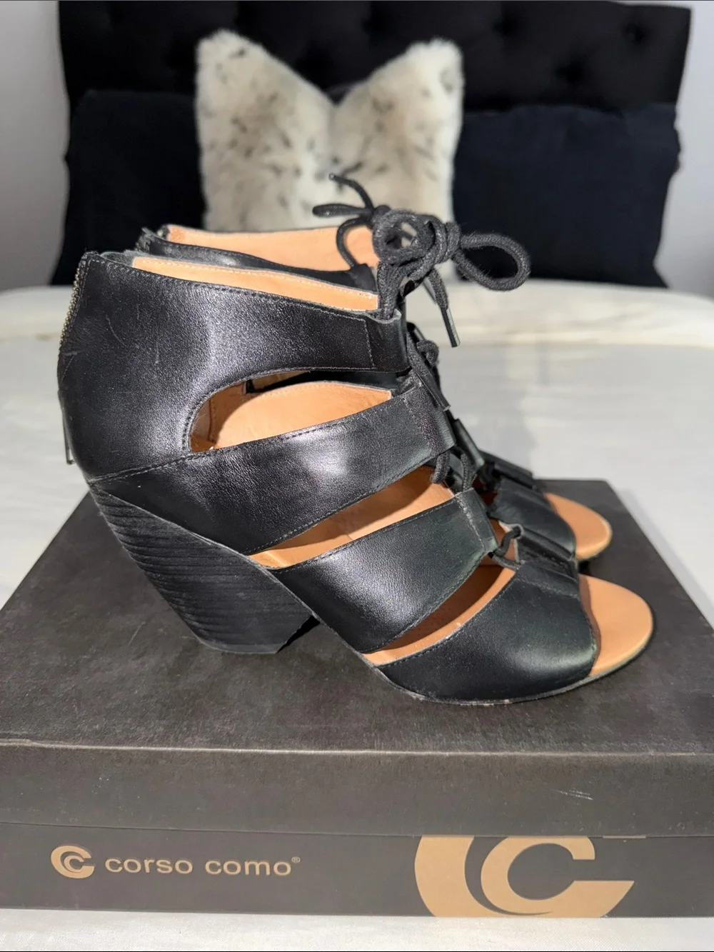 Corso Como Black Lace-Up Strappy Block Heel Sandals